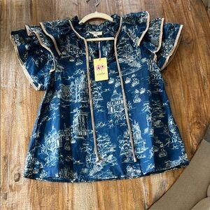 Entro Blue and Tan Scenic Print Blouse
